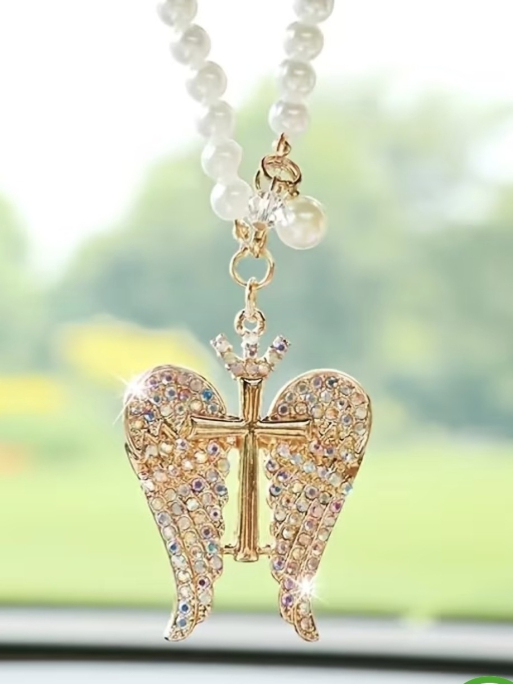 Gold Angel Wings & Cross Pearl Rearview Mirror Charm